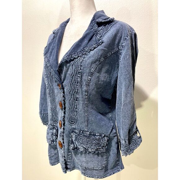 Women's Blue Jean Jacket with Wooden Buttons - Picture 2 of 6